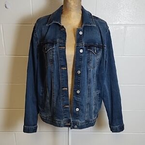Classic Blue Stretch Button-up Denim Jacket with Hand Pockets